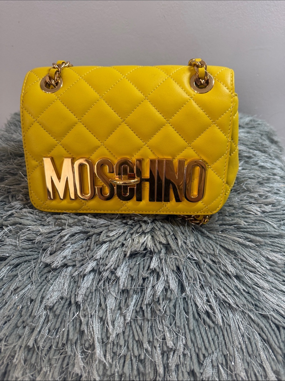 Moschino Yellow Quilted Logo Chain Crossbody Bag